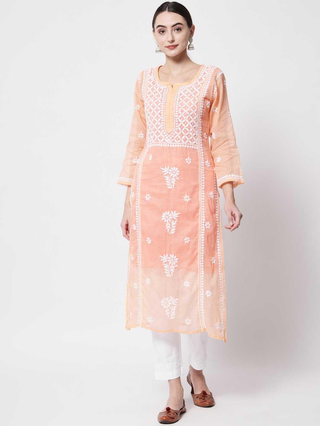 paramount chikan women peach-coloured chikankari ethnic motif kurta with trousers