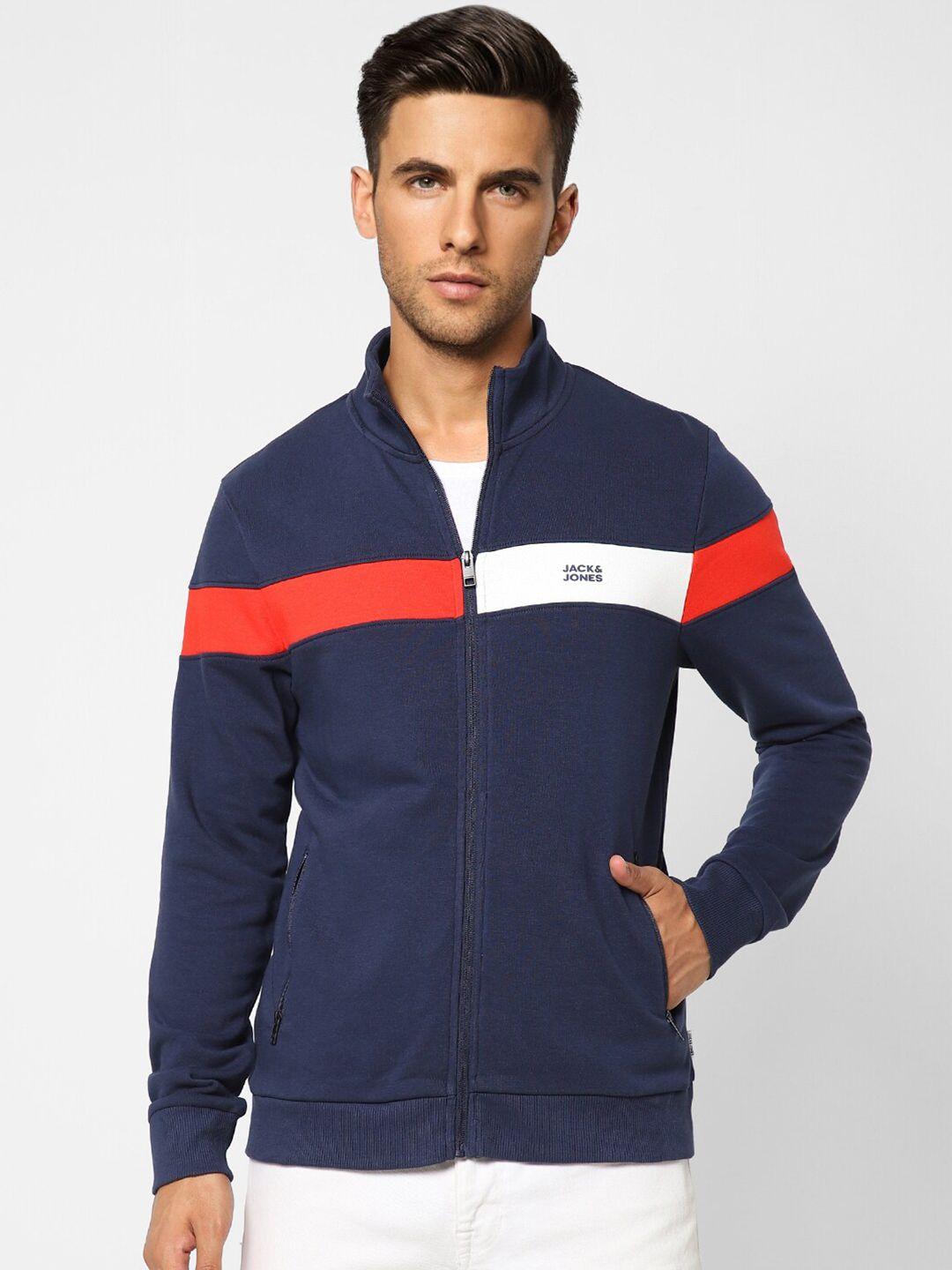 jack & jones men blue cotton front-open sweatshirt