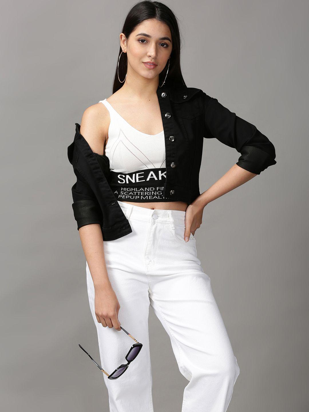 showoff white & black printed shoulder straps crop top