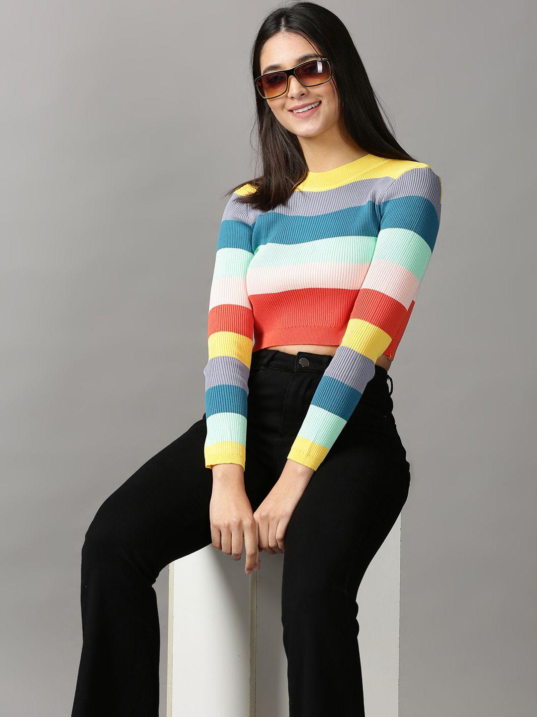 showoff women multicoloured striped crop top