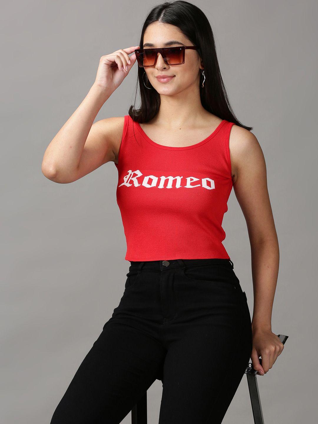 showoff women red & white print tank crop top