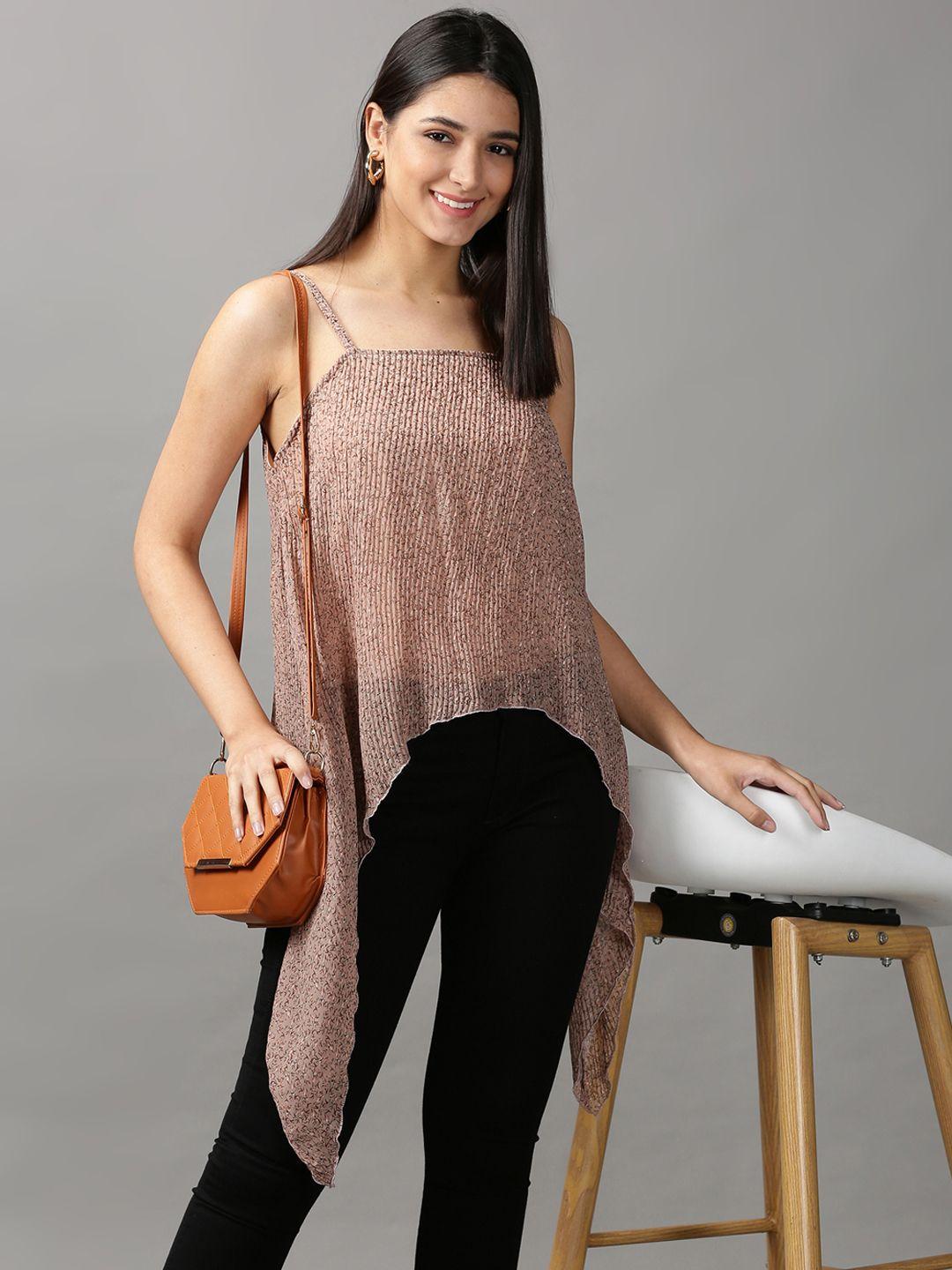 showoff women taupe embellished chiffon top