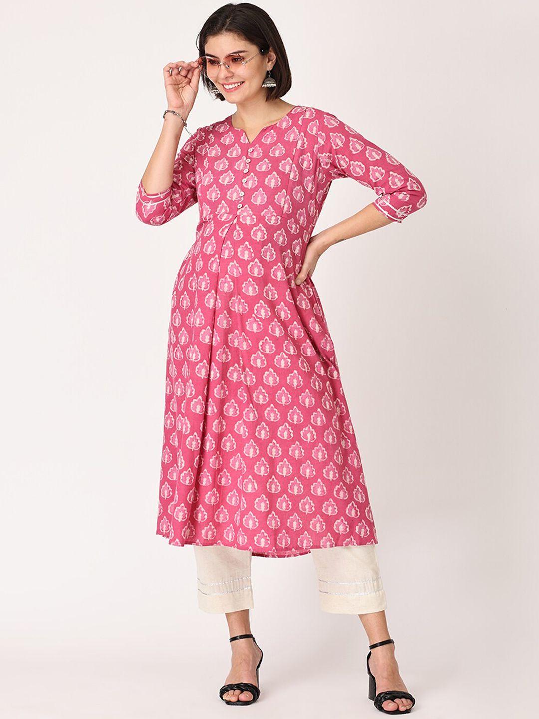 the mom store women pink ethnic motifs printed pure cotton maternity kurta with trousers