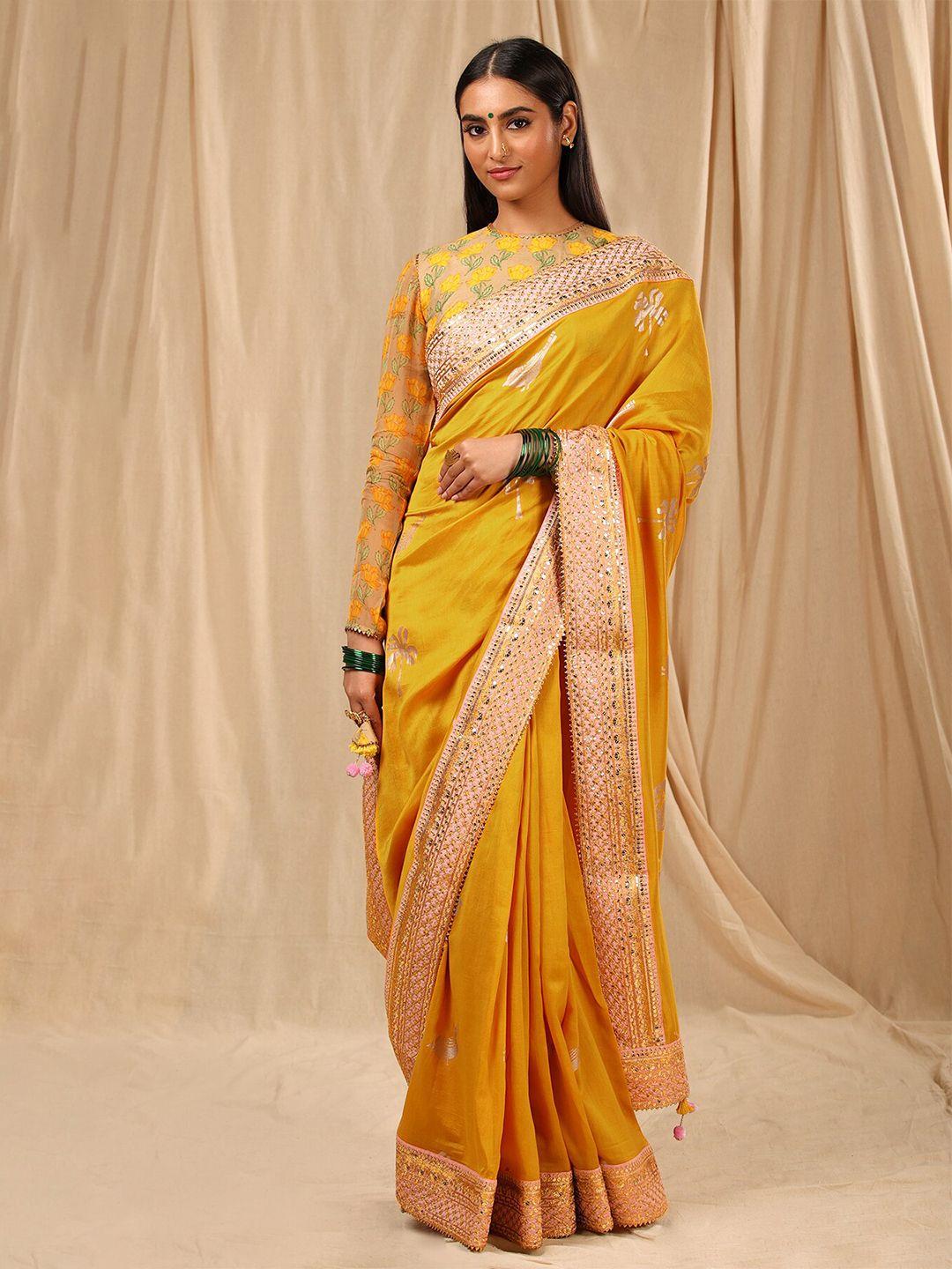 masaba yellow & gold-toned floral pure crepe saree