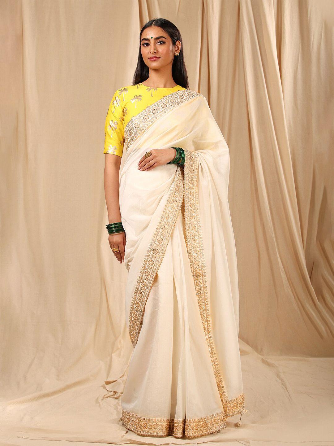 masaba white & gold-toned embroidered silk cotton chanderi saree