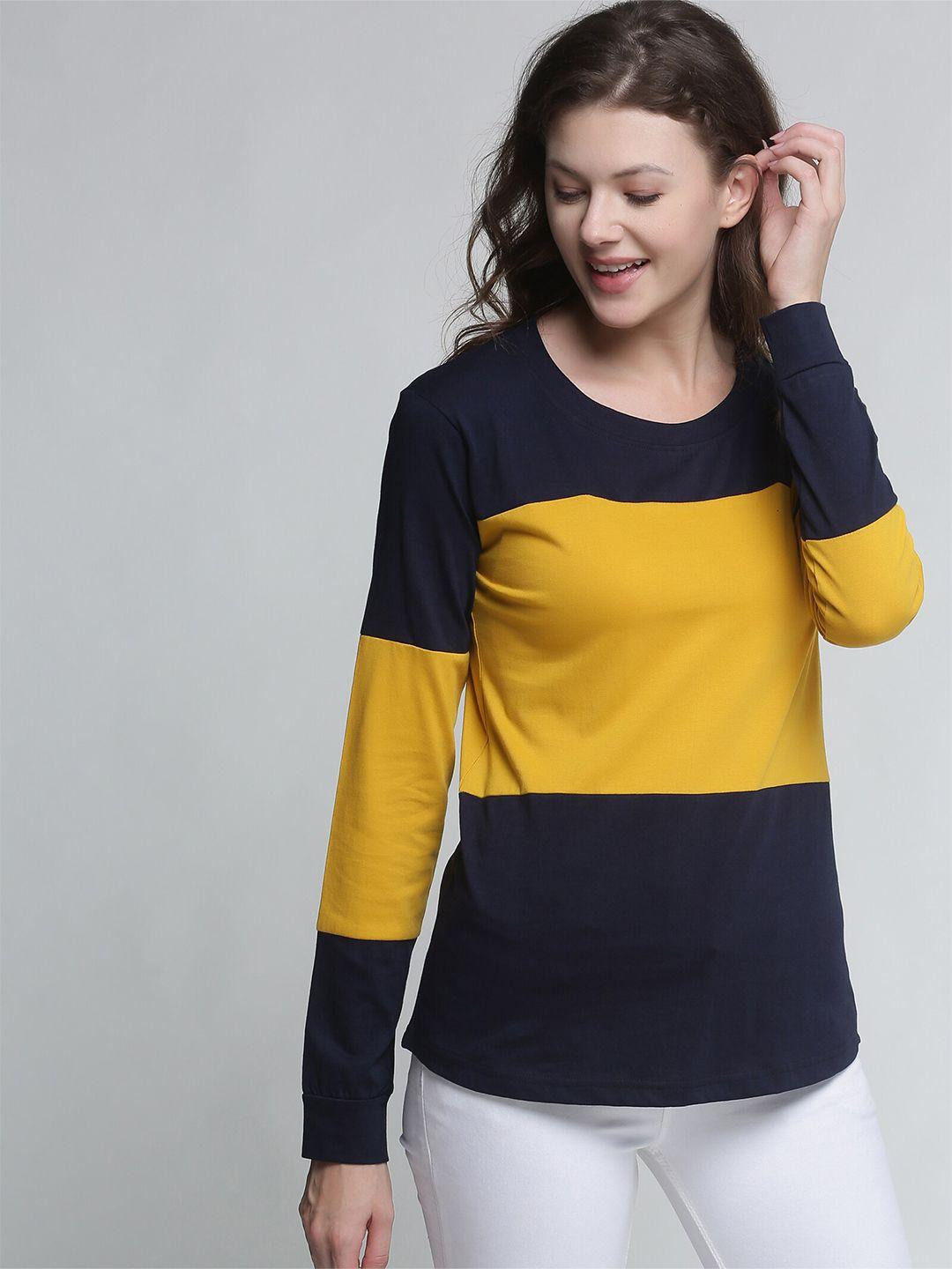 trends tower women navy blue & yellow colourblocked pure cotton t-shirt