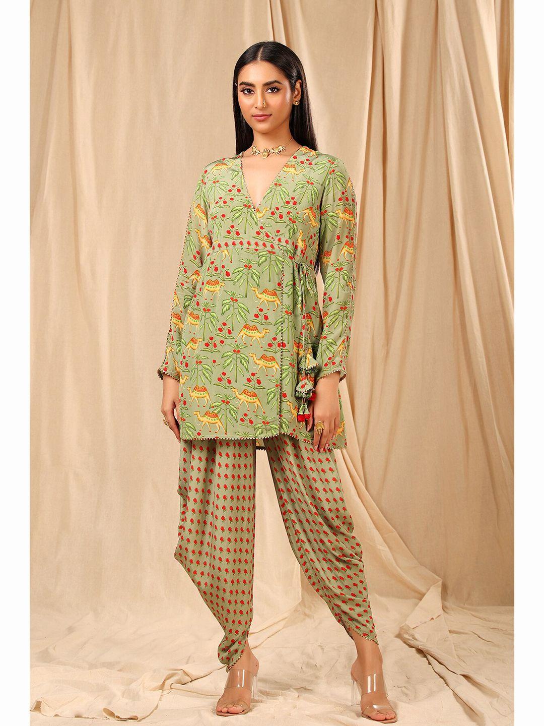 masaba women green ethnic motifs printed angrakha kurti with dhoti pants