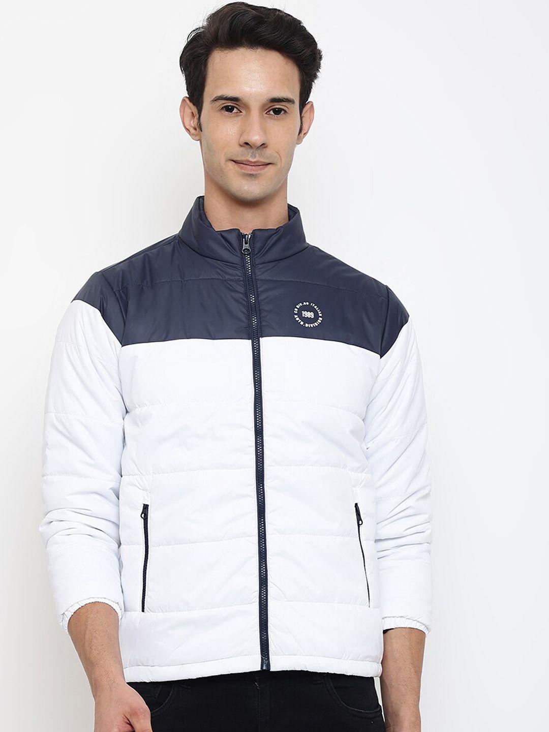 cantabil men white & navy blue colourblocked sporty jacket