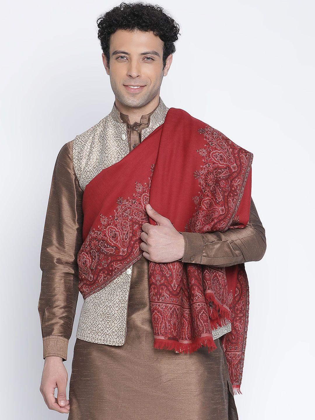 shingora men maroon woven-design pure woolen shawl