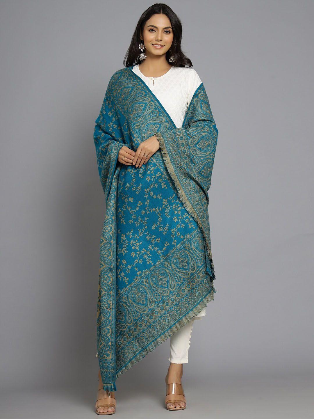 handicraft palace women  turquoise blue & beige floral woven-design woolen shawl