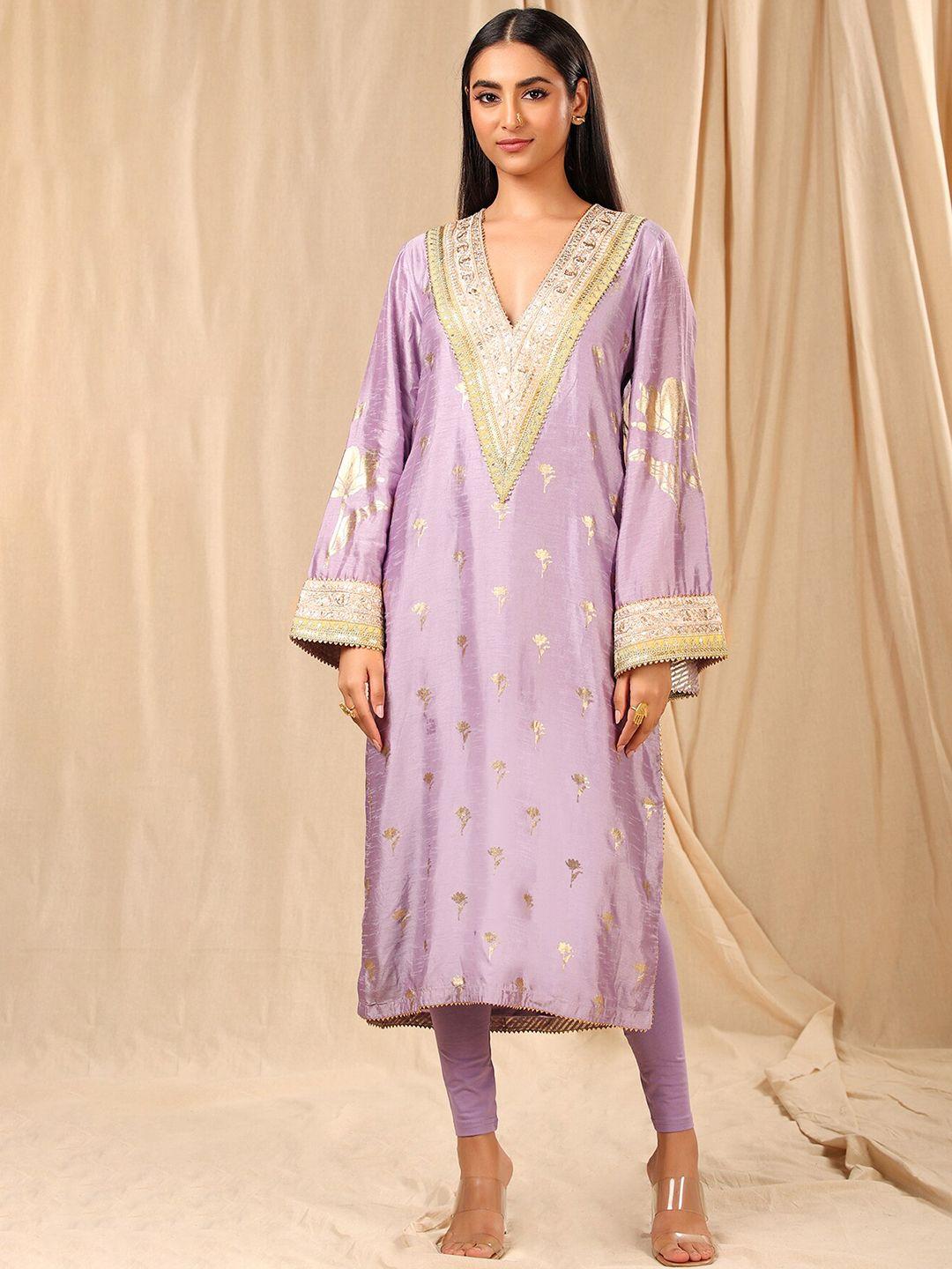 masaba women purple floral printed flared sleeves gotta patti raw silk anarkali kurta