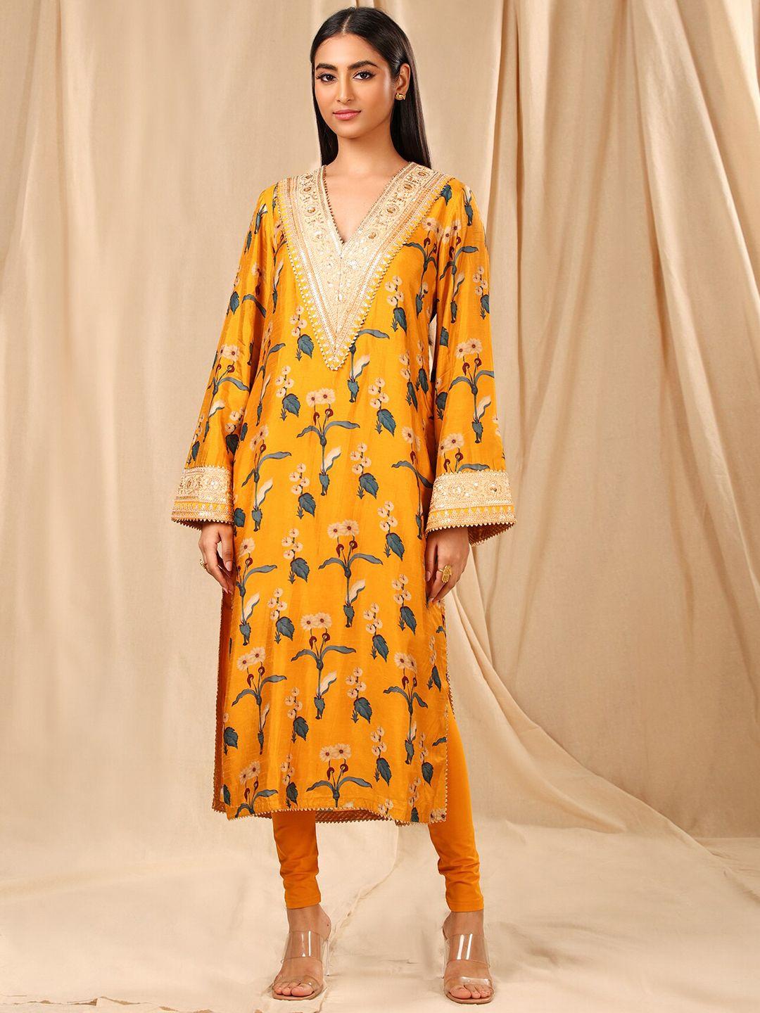 masaba women mustard yellow & blue floral printed gotta patti raw silk anarkali kurta