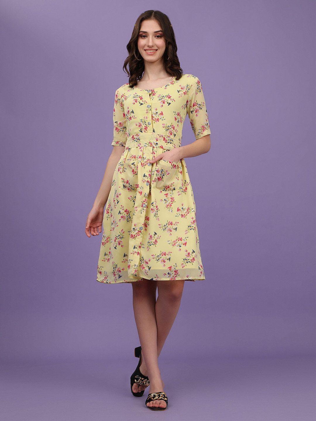 aspora women yellow floral printed fit & flare dress