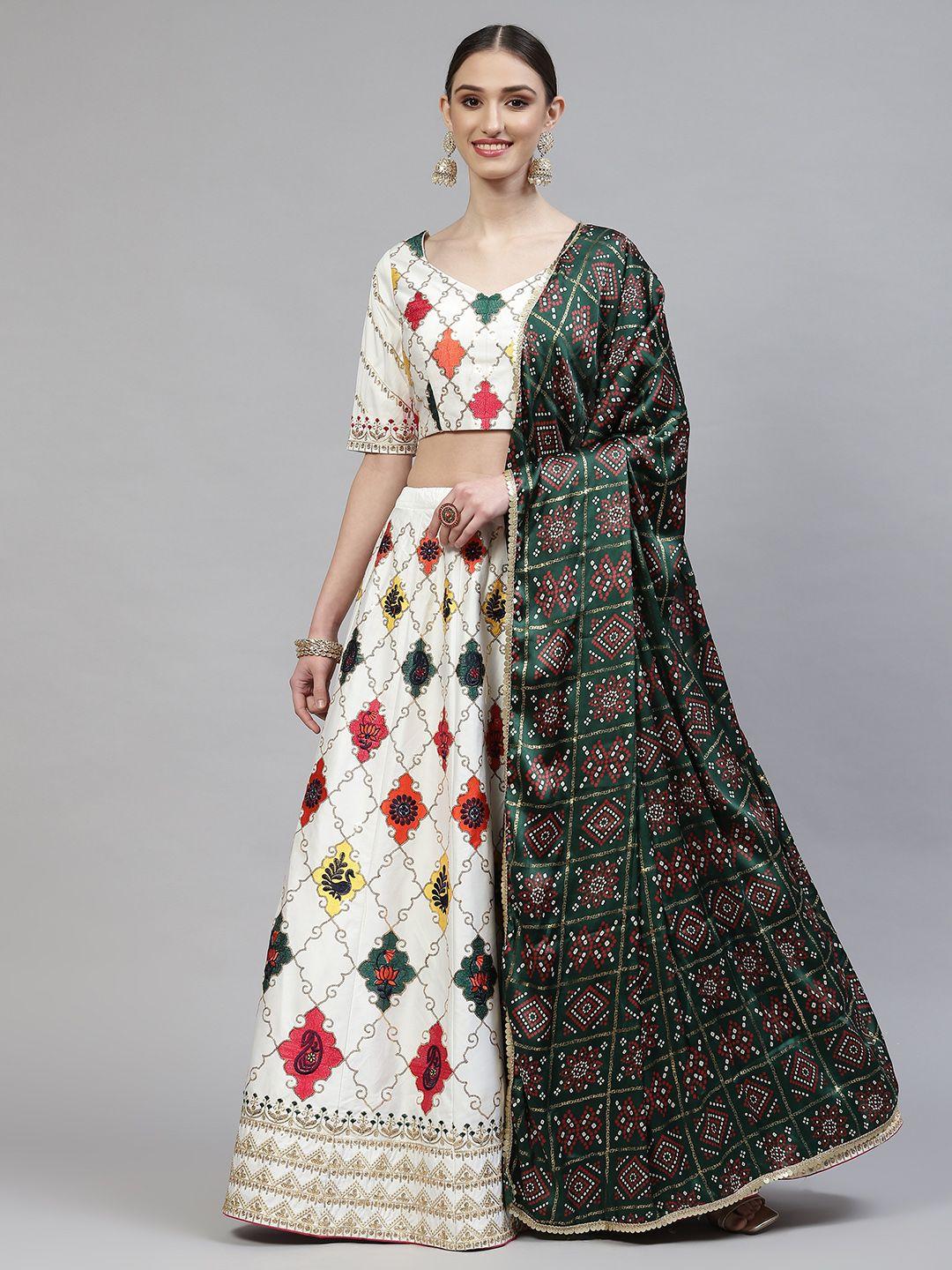 shubhkala white embroidered semi-stitched lehenga & blouse with dupatta