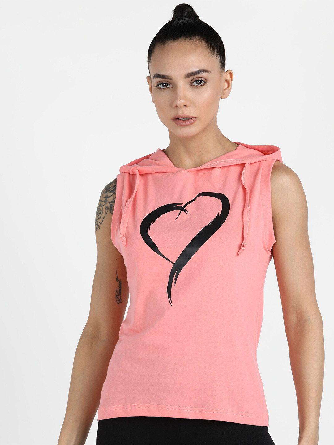 rock paper scissors women pink & black printed pure cotton hooded tank top