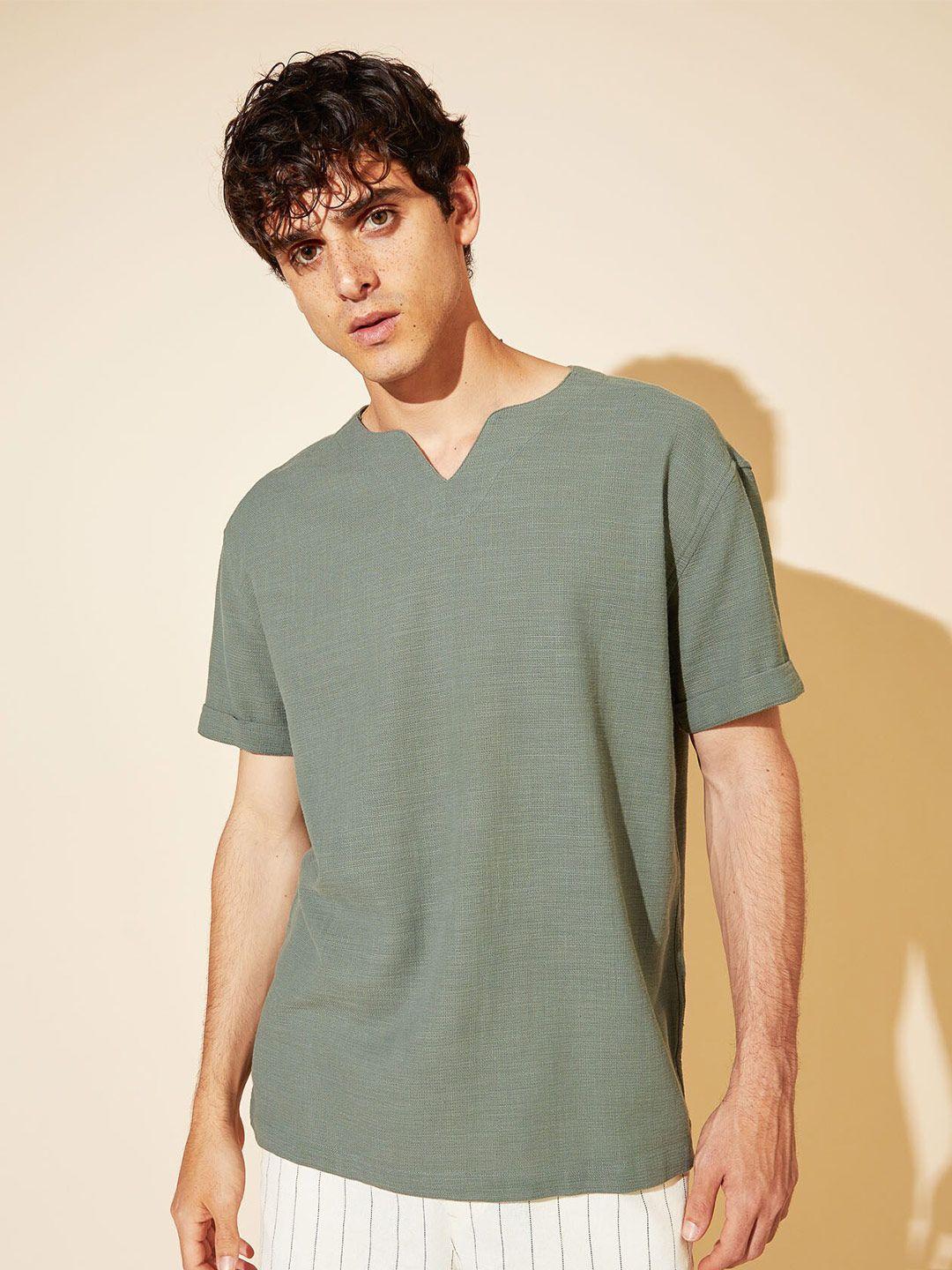 defacto men green cotton solid casual shirt