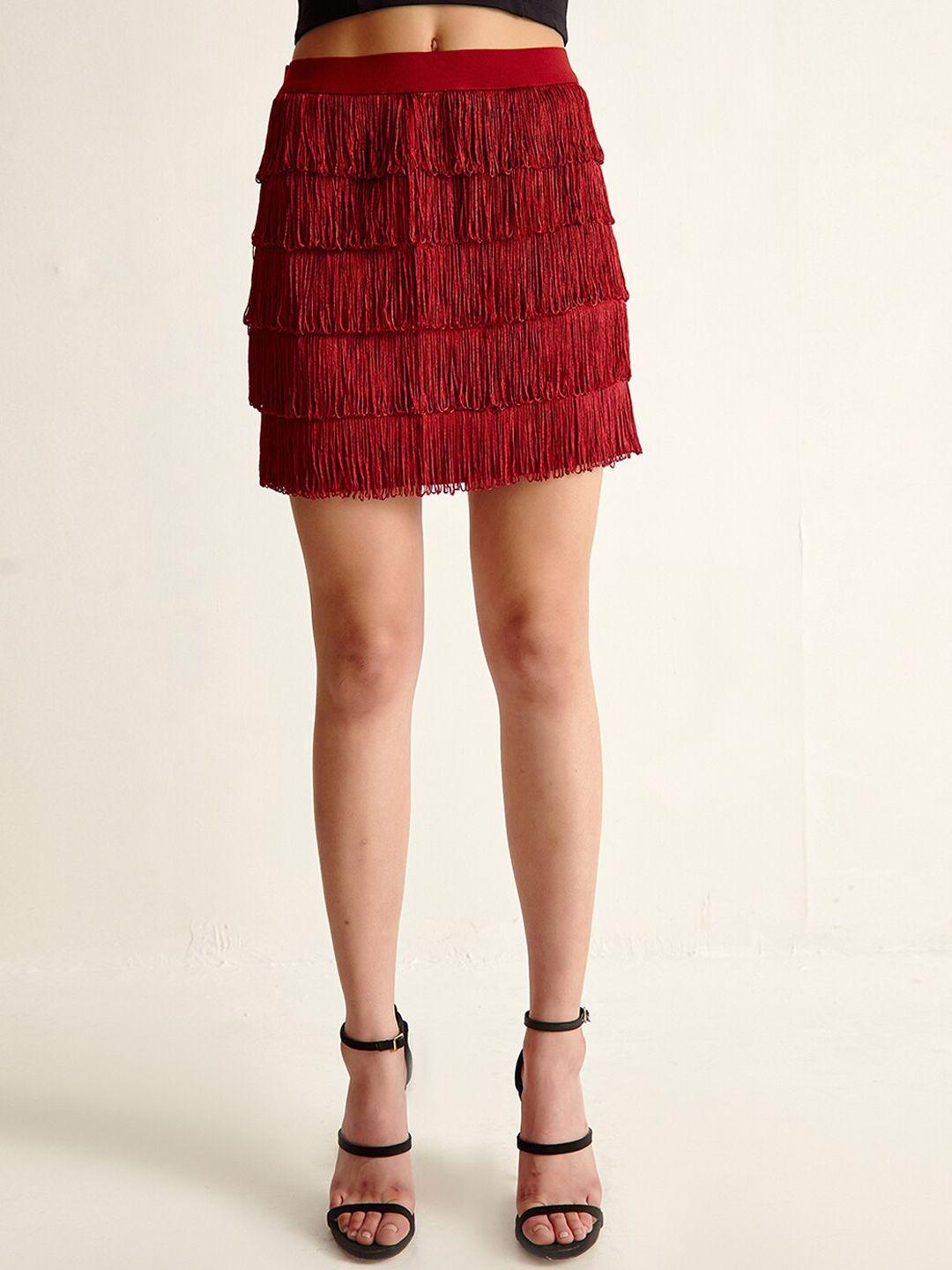 cover story women maroon fringe mini skirt