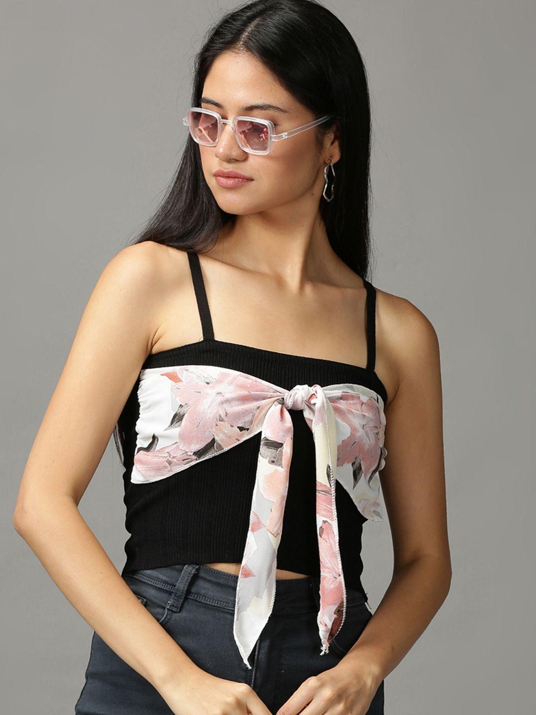 showoff women black printed shoulder straps crop top