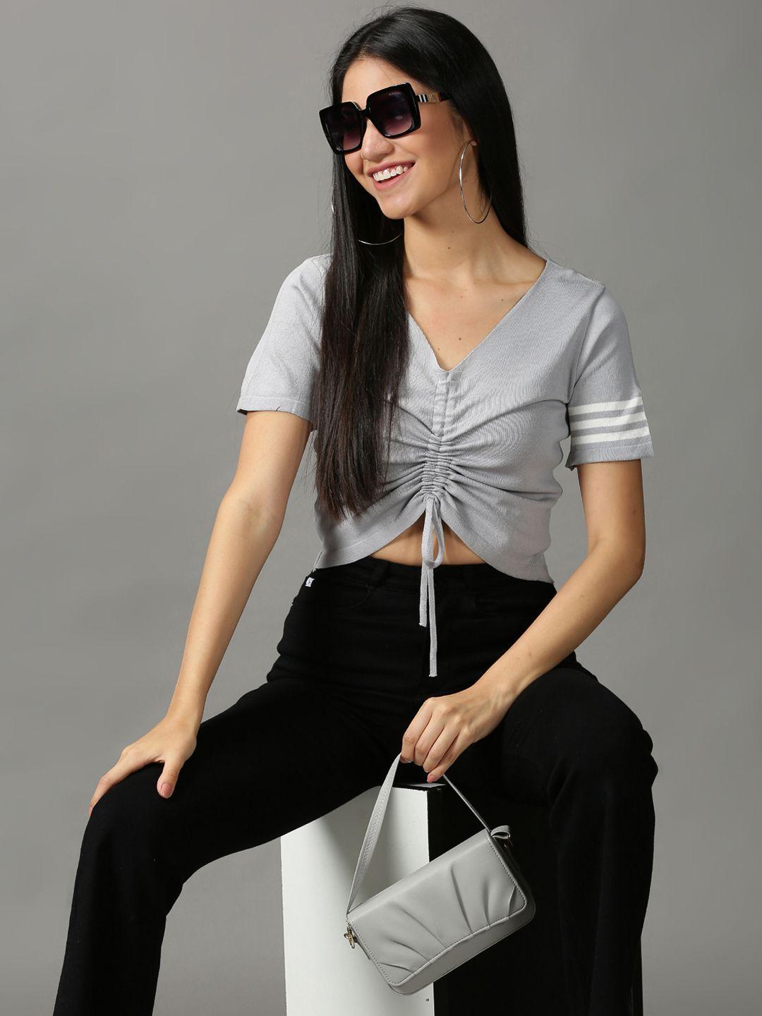 showoff grey & white striped crop top