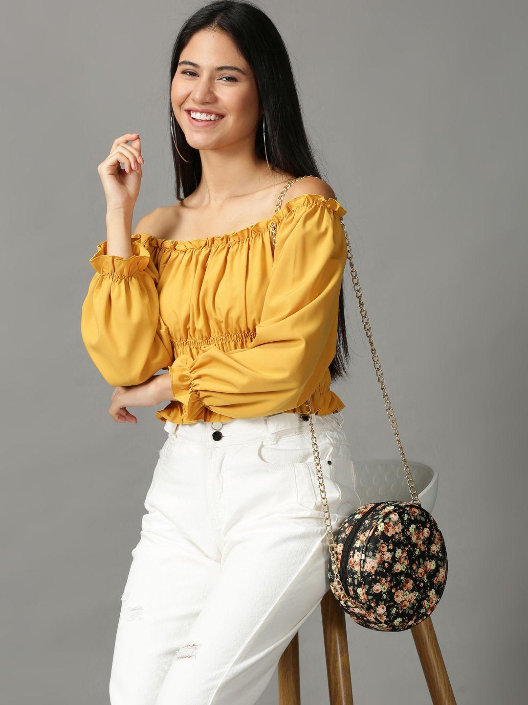 showoff women mustard yellow off-shoulder cinched waist top