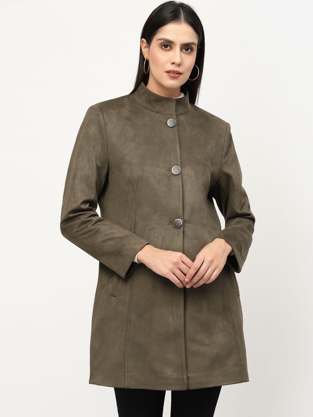 juelle women olive green solid longline winter coat