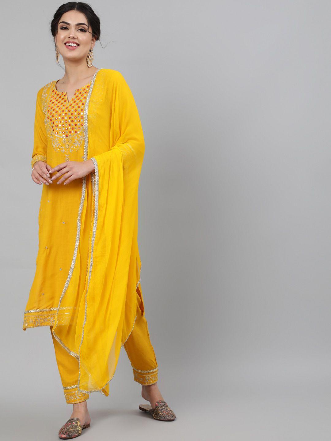 indie closet women mustard yellow yoke design mirror work kurta with trousers & with dupatta