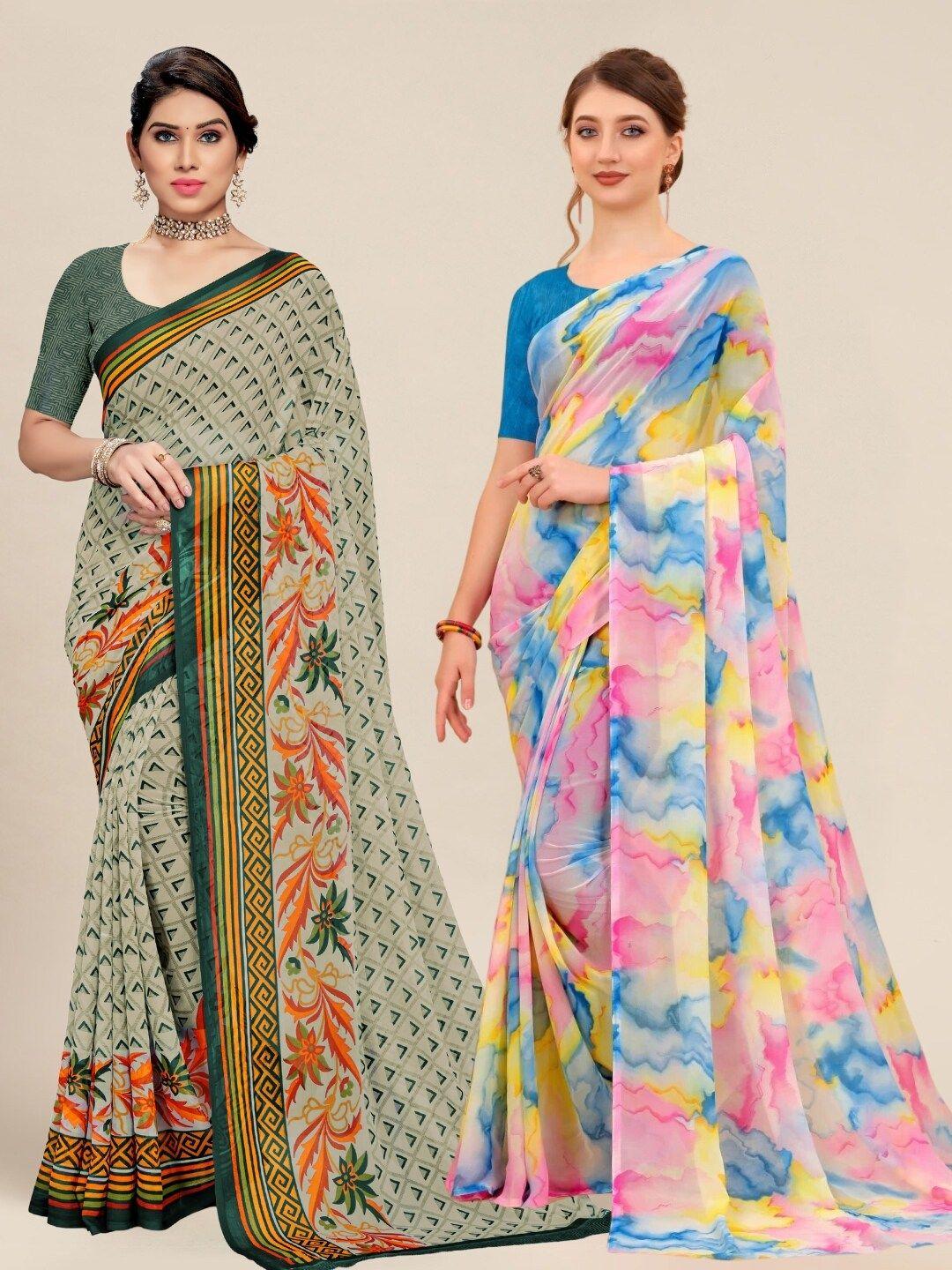 ms retail pink & grey pack of 2 printed pure georgette sarees