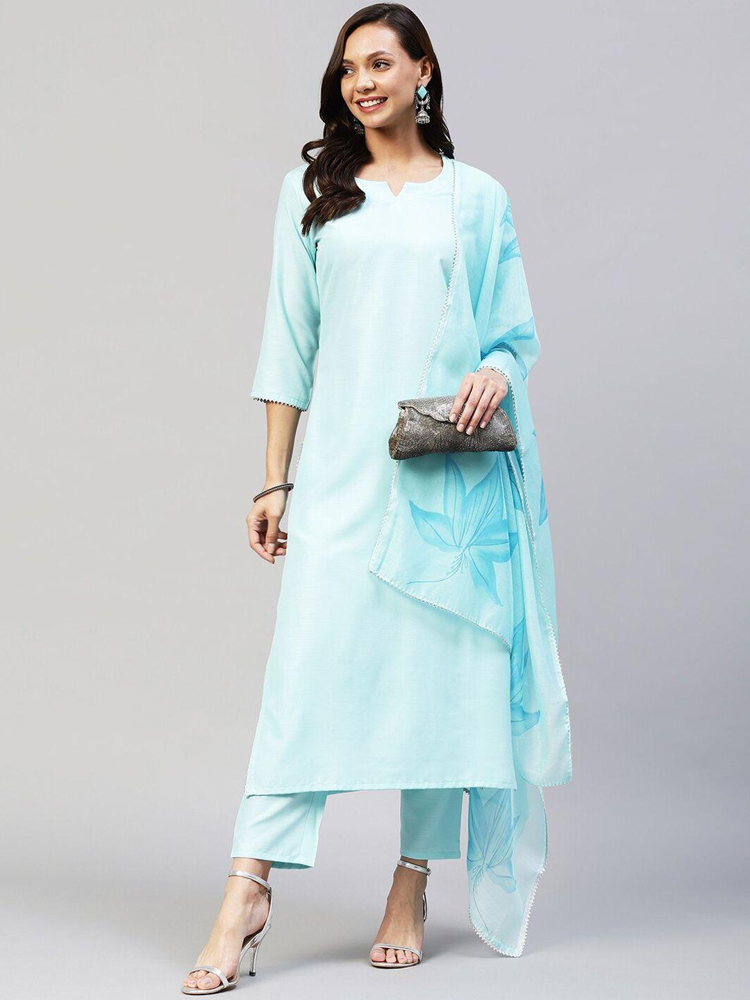 kalini women blue solid kurta with trousers & dupatta