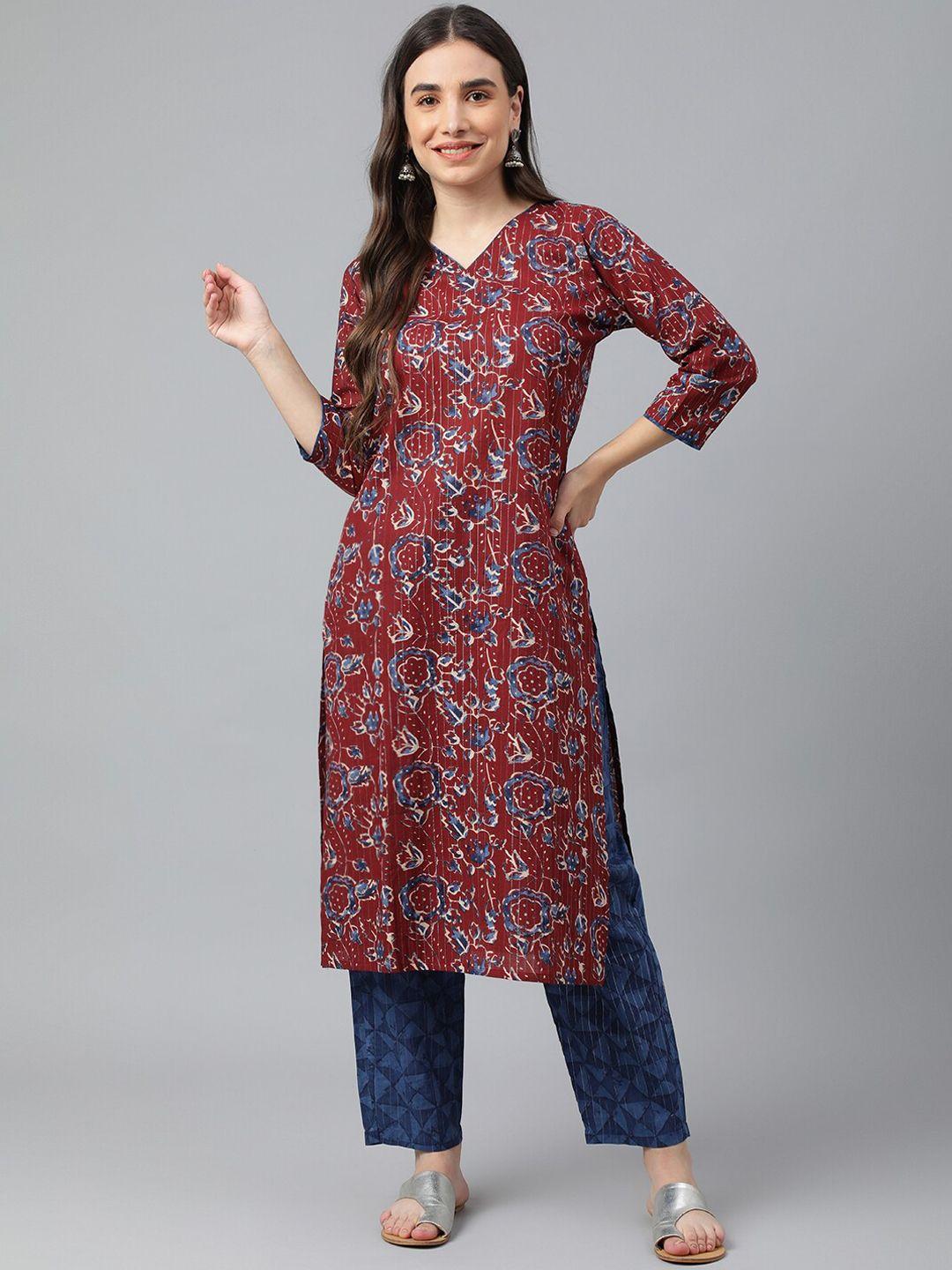 idalia women maroon floral printed cotton kurta with trousers