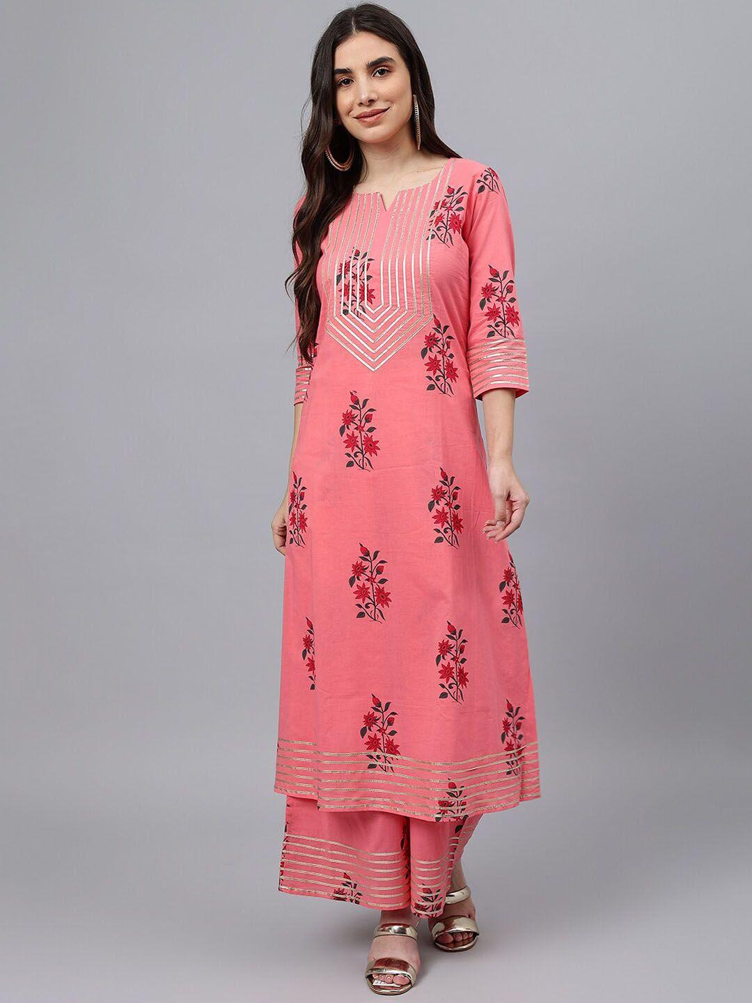 idalia women pink floral printed cotton kurta with palazzos