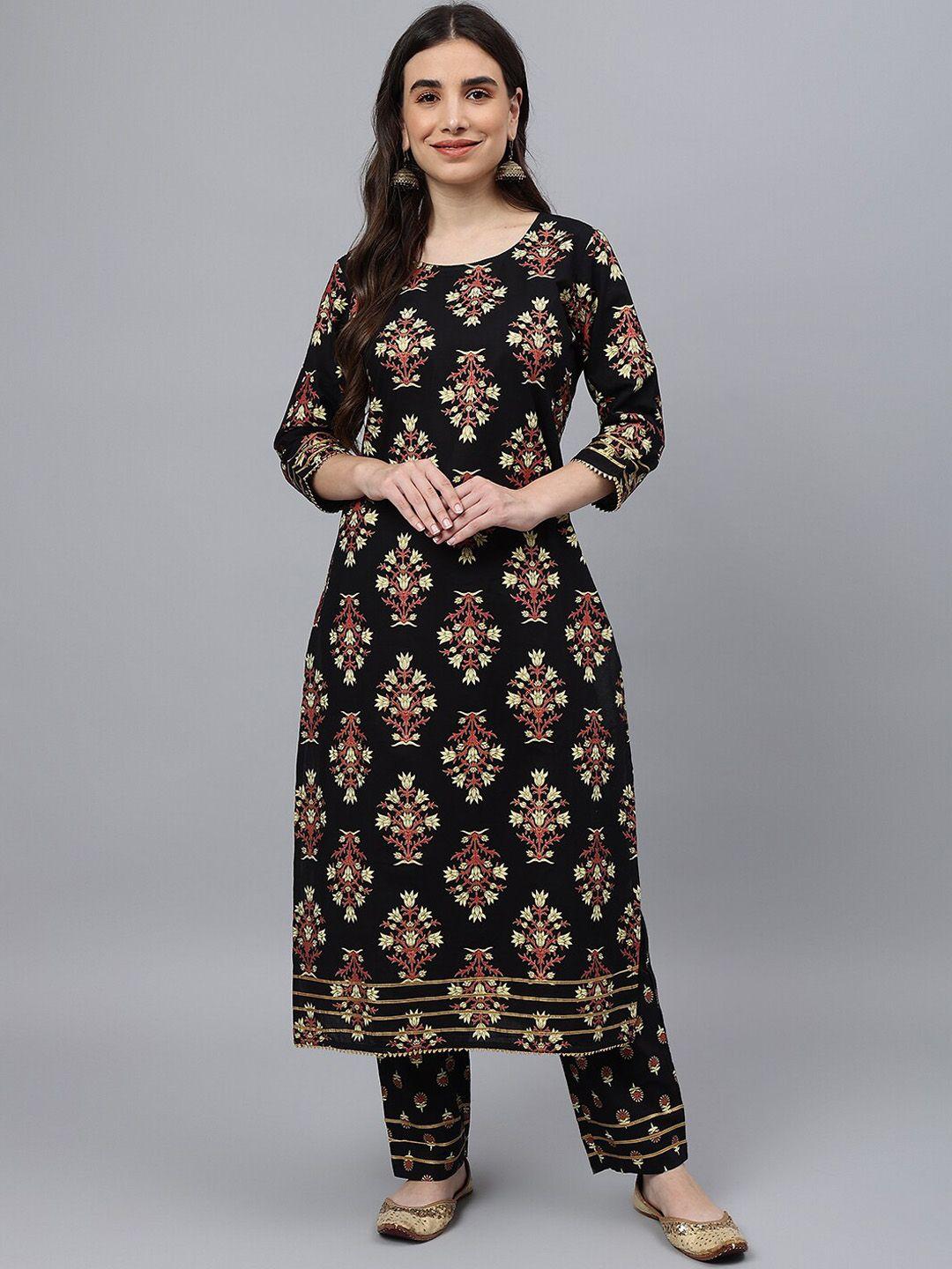 idalia women black floral printed gotta patti cotton kurta with trousers