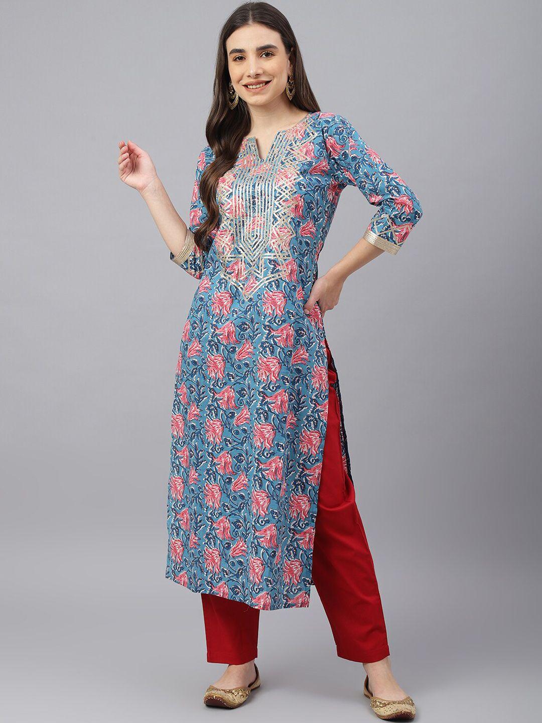 idalia women blue floral printed pure cotton kurta with trousers