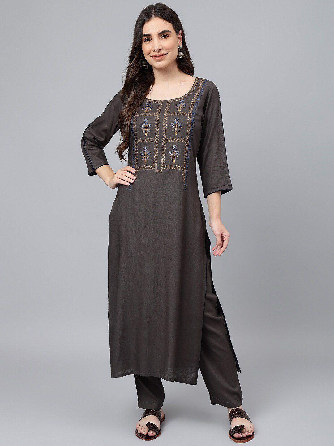 idalia women grey floral embroidered kurta with trousers