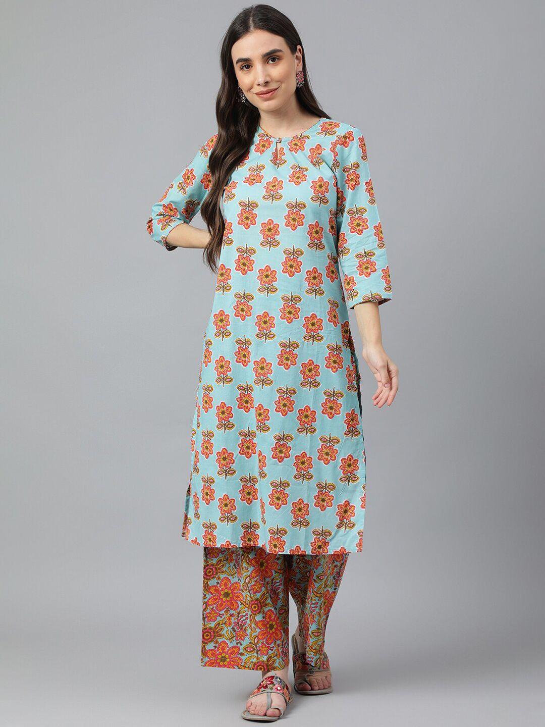 idalia women turquoise blue floral printed kurta with palazzos