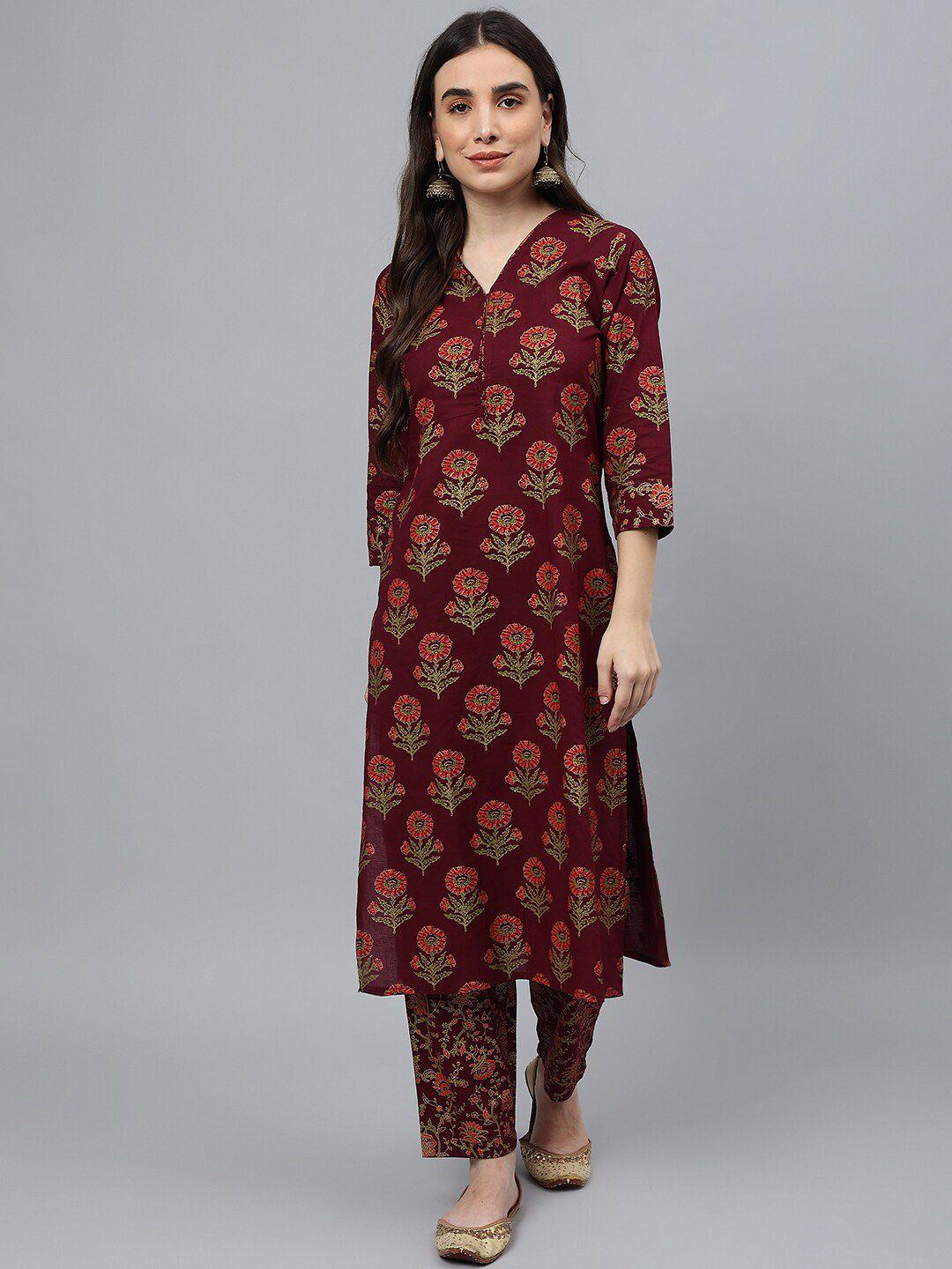 idalia women maroon floral printed pure cotton kurta with trouser set