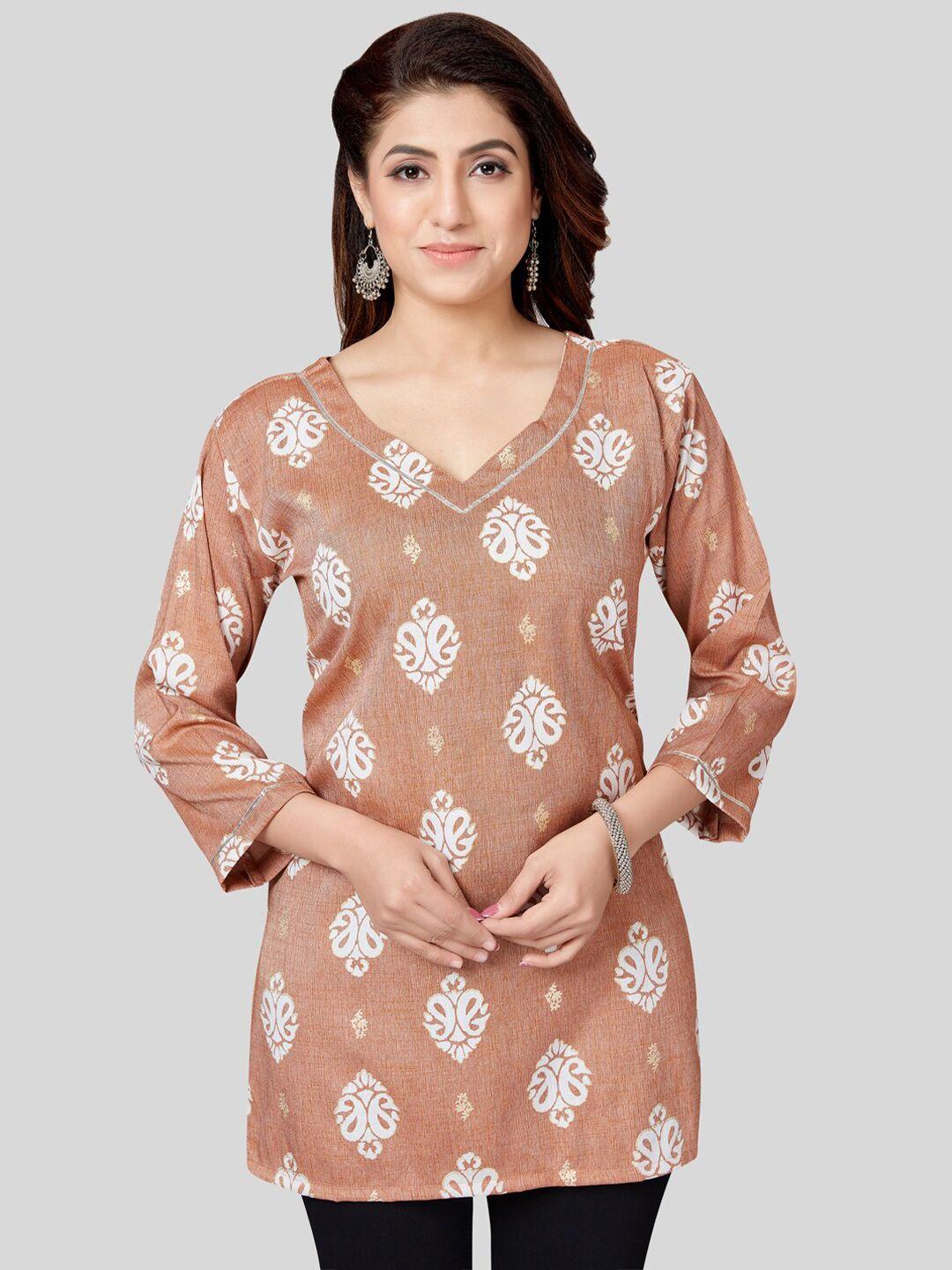 saree swarg brown & off white ethnic motifs printed v-neck kurti