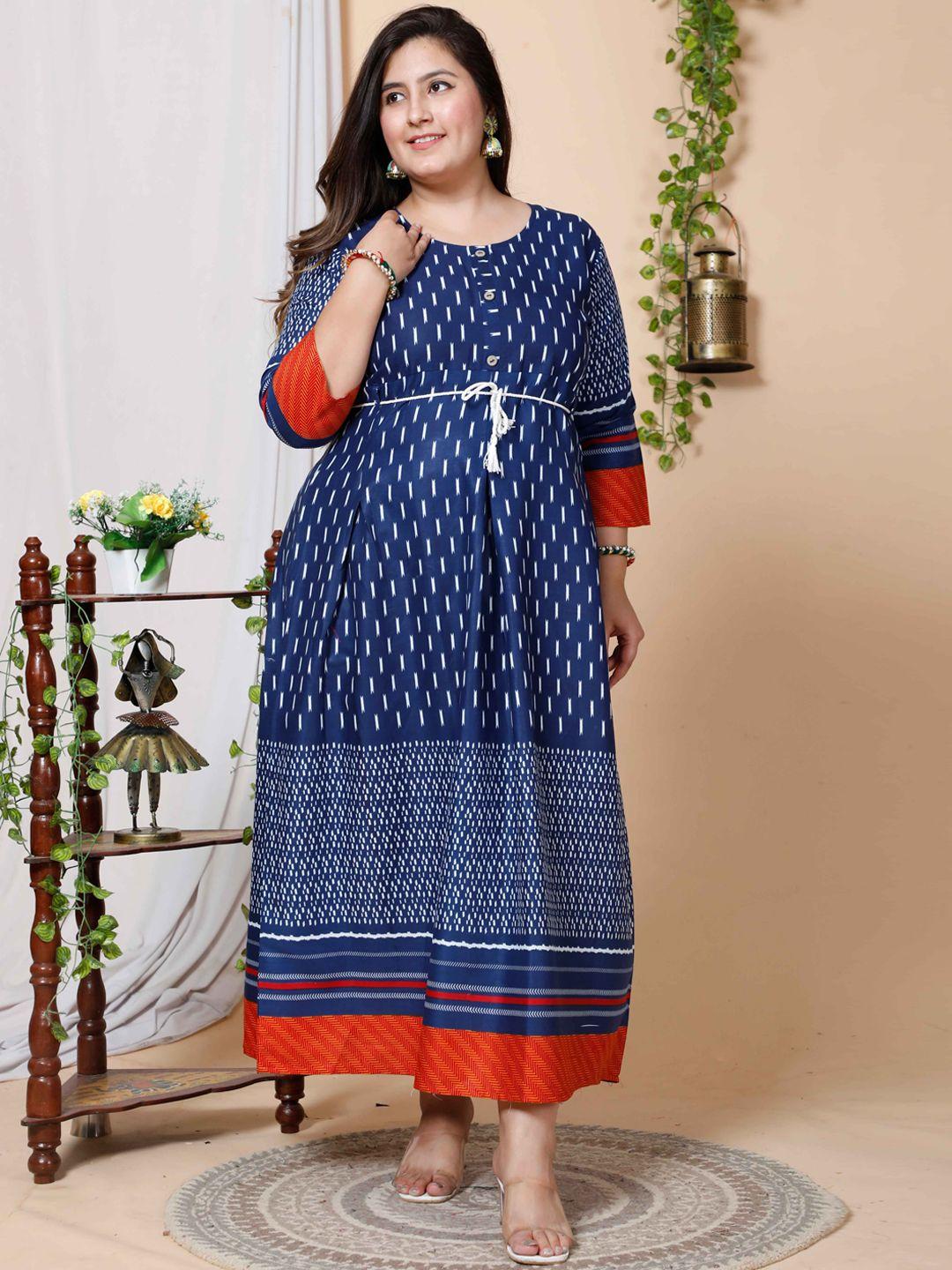 miravan women plus size blue & orange geometric printed anarkali kurta