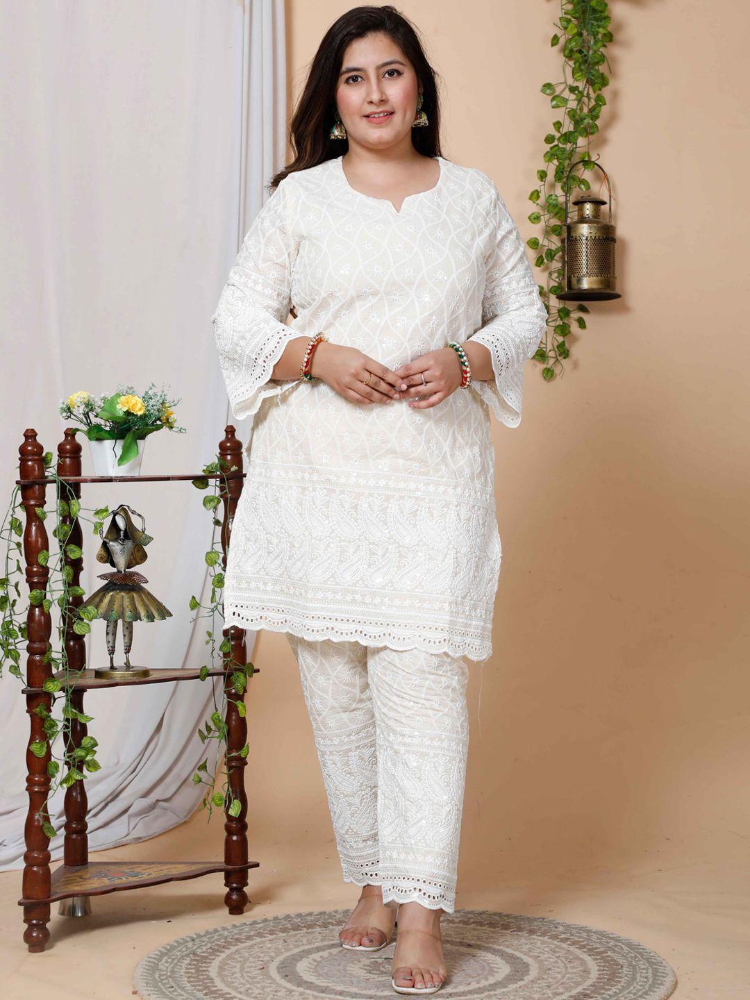 miravan women cream-coloured floral embroidered chikankari pure cotton kurta with trousers