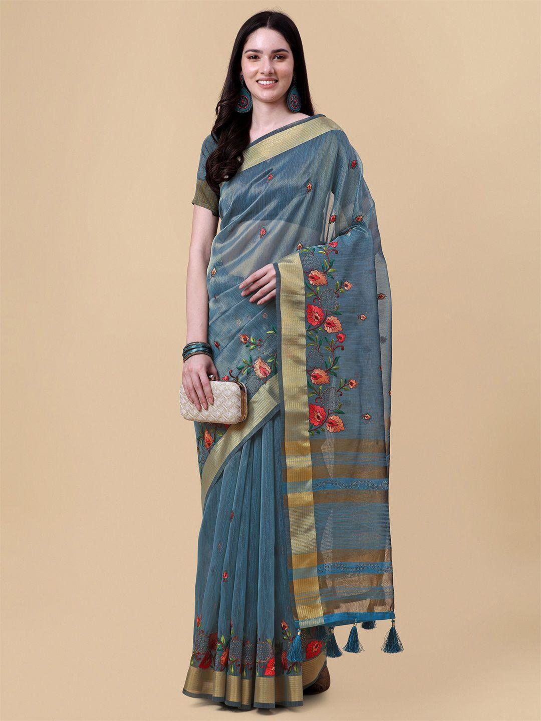 mitera blue & gold-toned floral embroidered pure linen saree