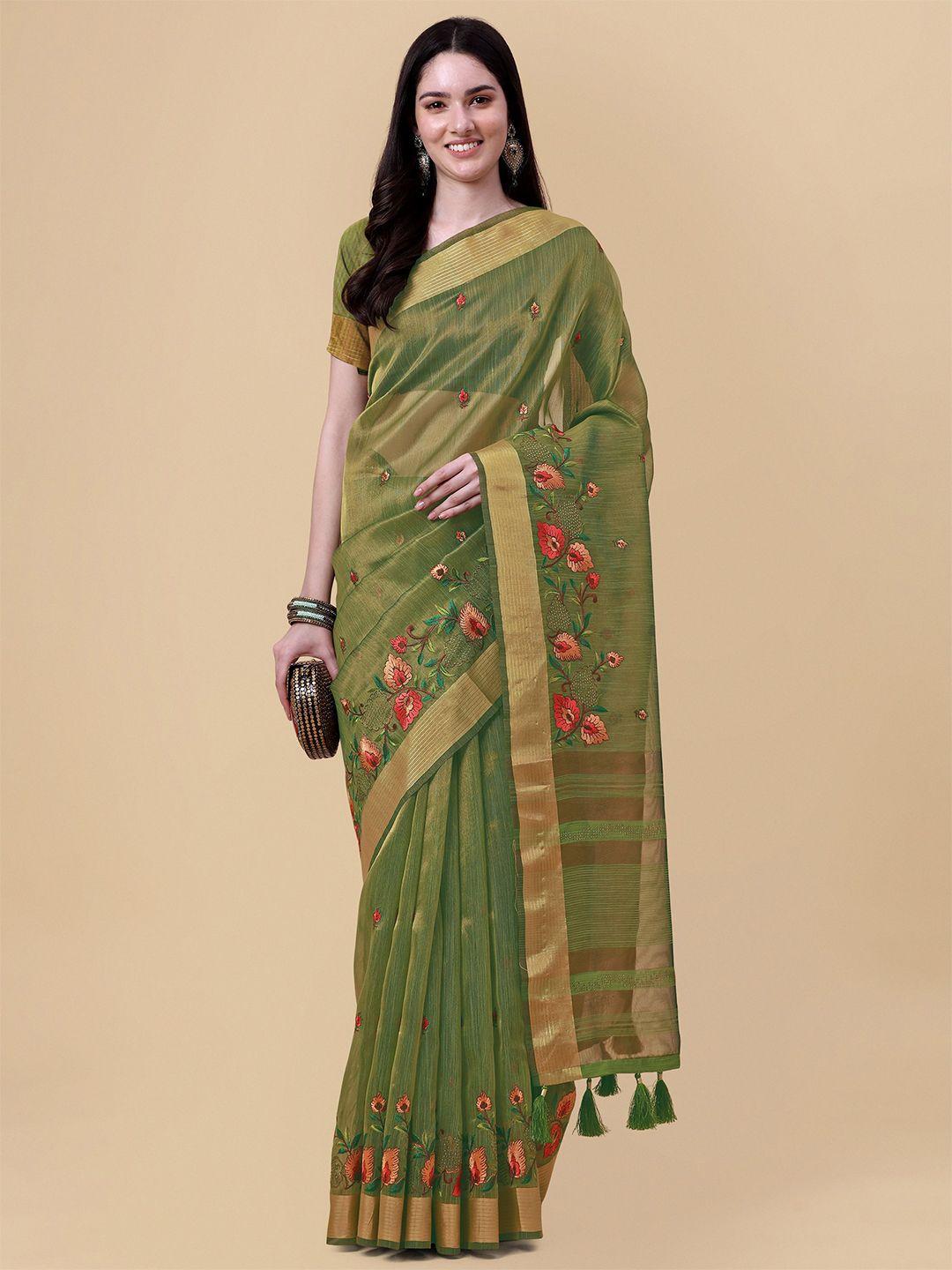 mitera olive green & gold-toned floral embroidered pure linen saree