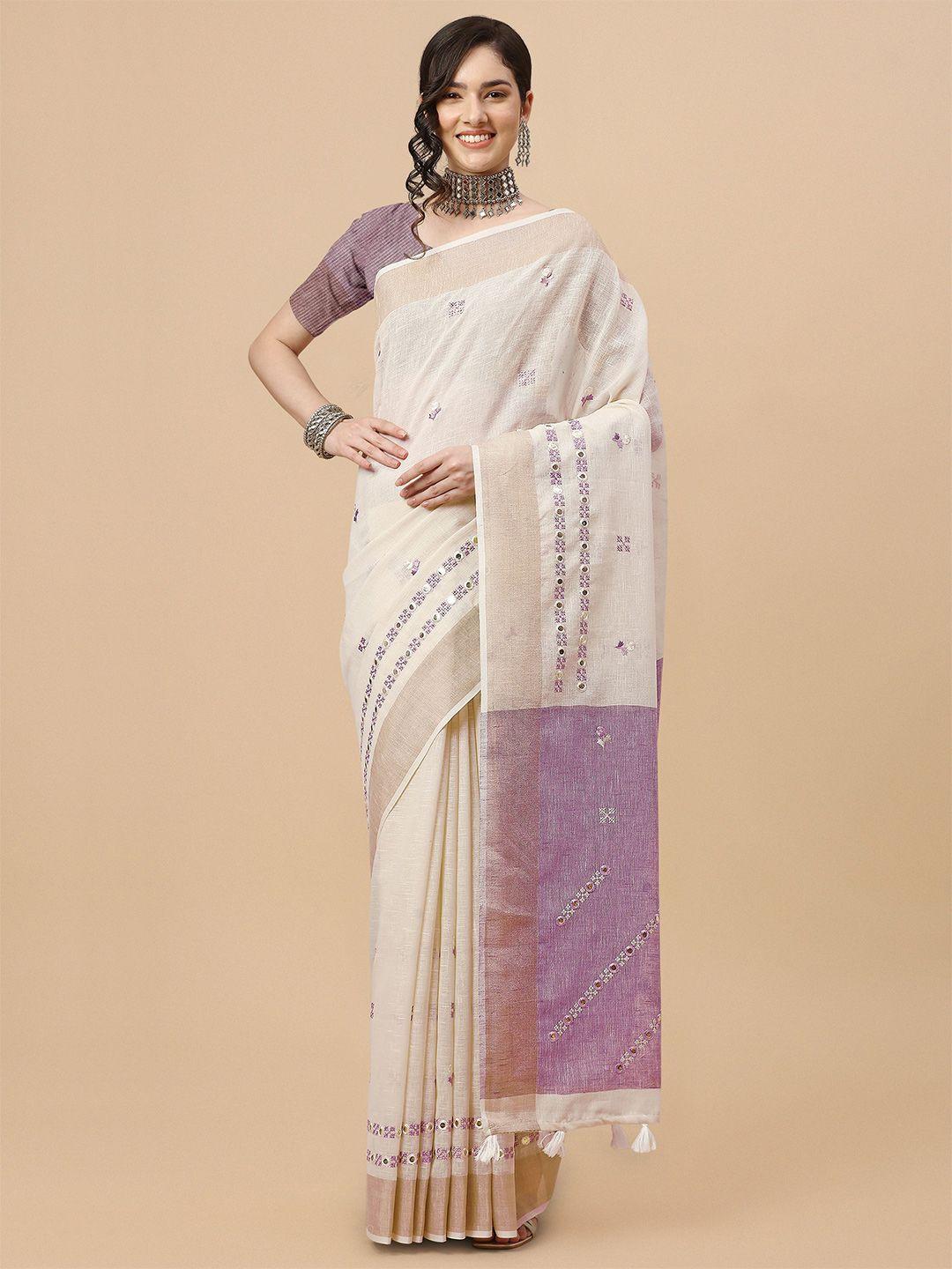 mitera off white & purple ethnic motifs embroidered pure linen saree