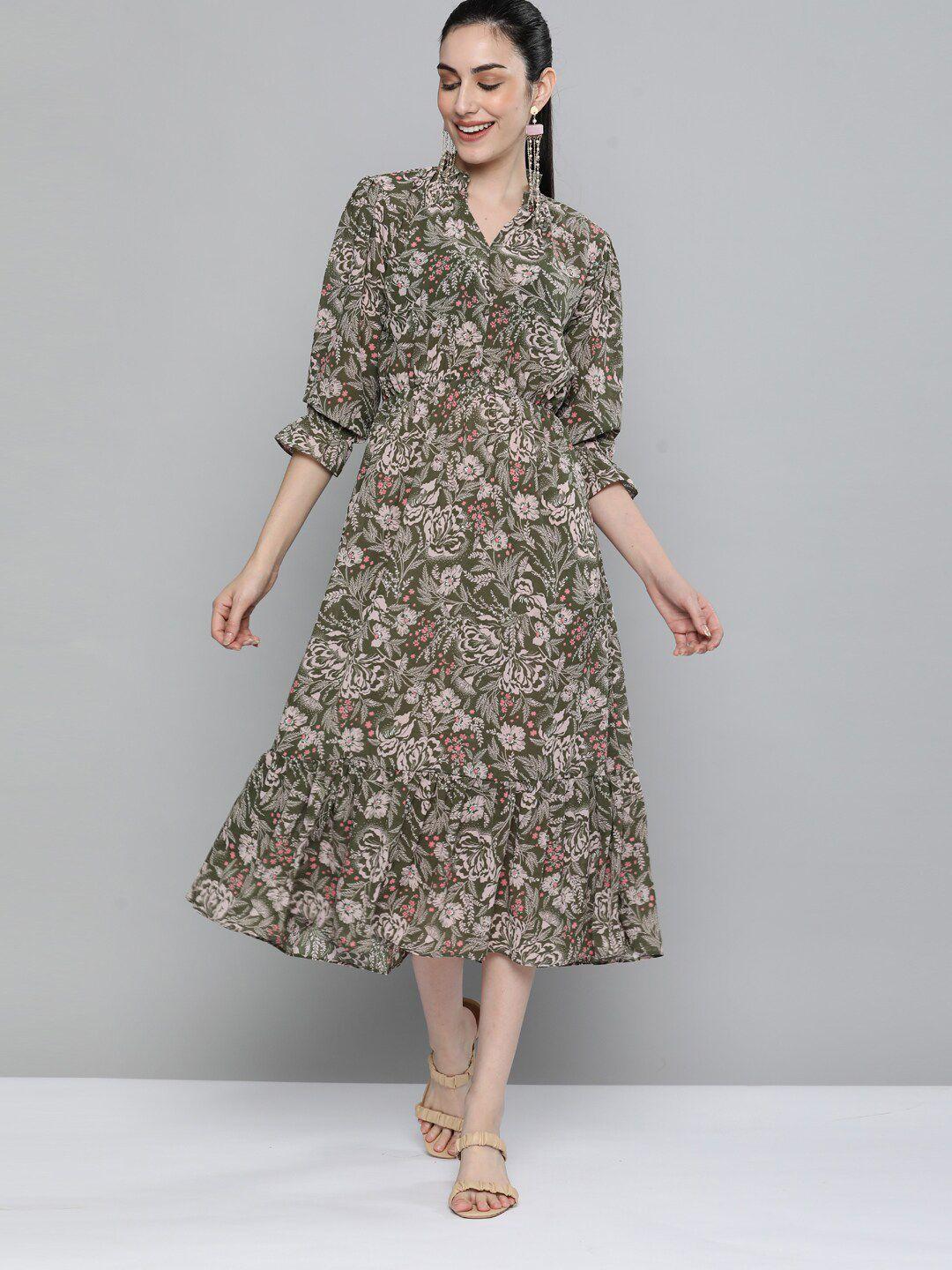 kvsfab women olive green & beige floral georgette a-line midi dress