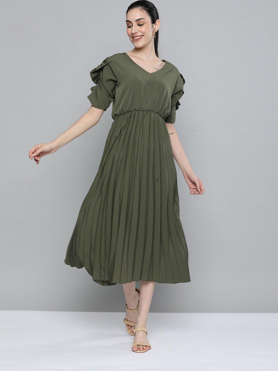 kvsfab women olive green crepe a-line midi dress