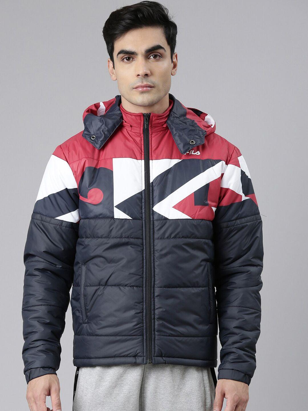 fila men blue colourblocked padded jacket