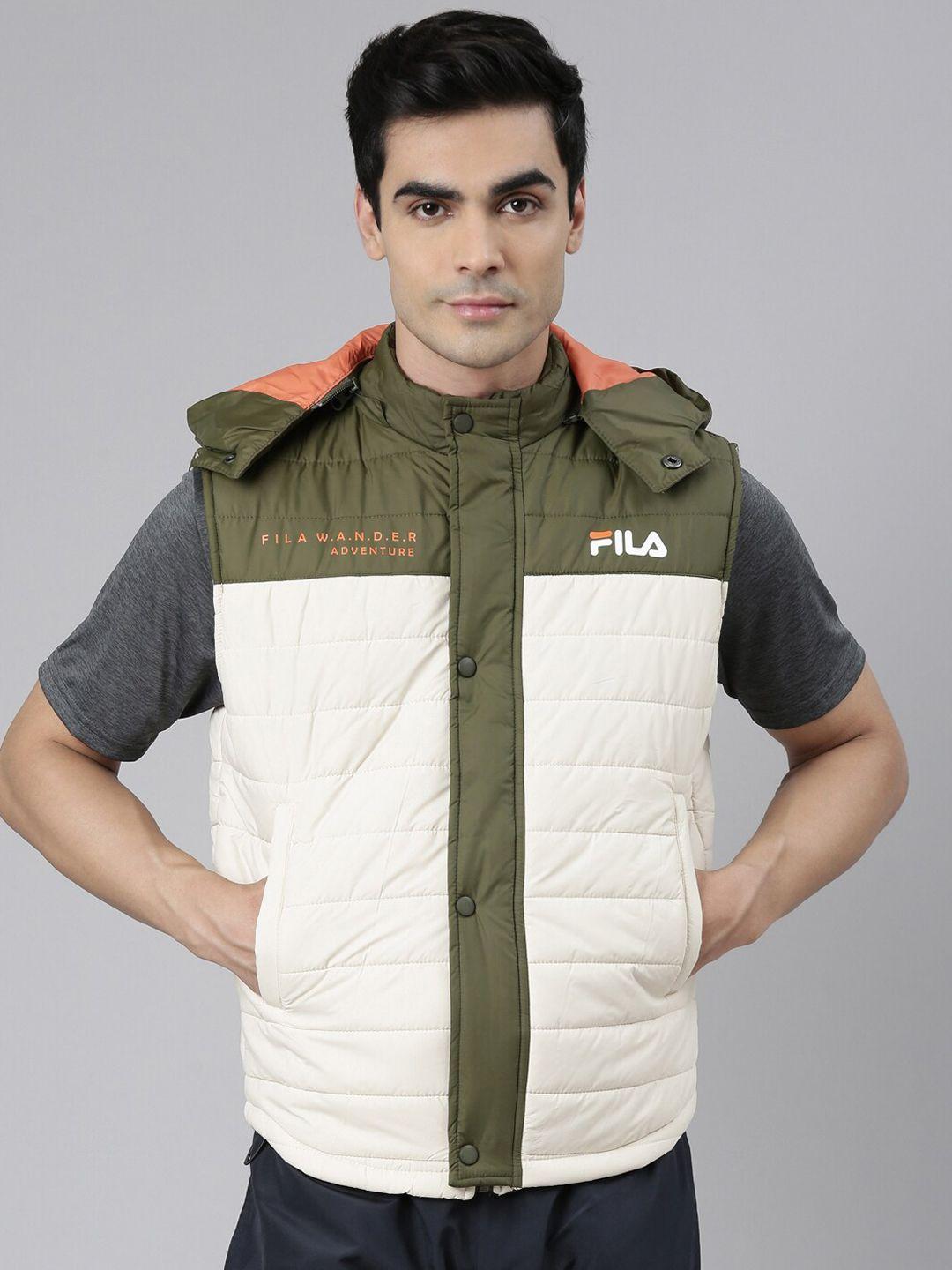 fila men cream-coloured olive green colourblocked padded jacket