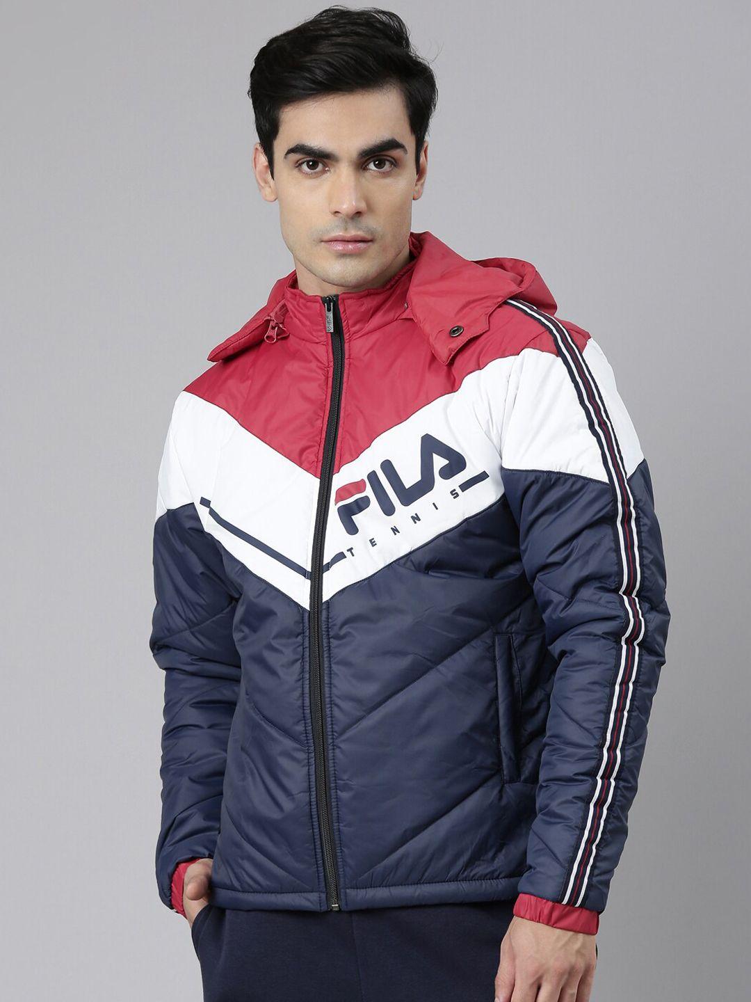 fila men blue red colourblocked puffer jacket