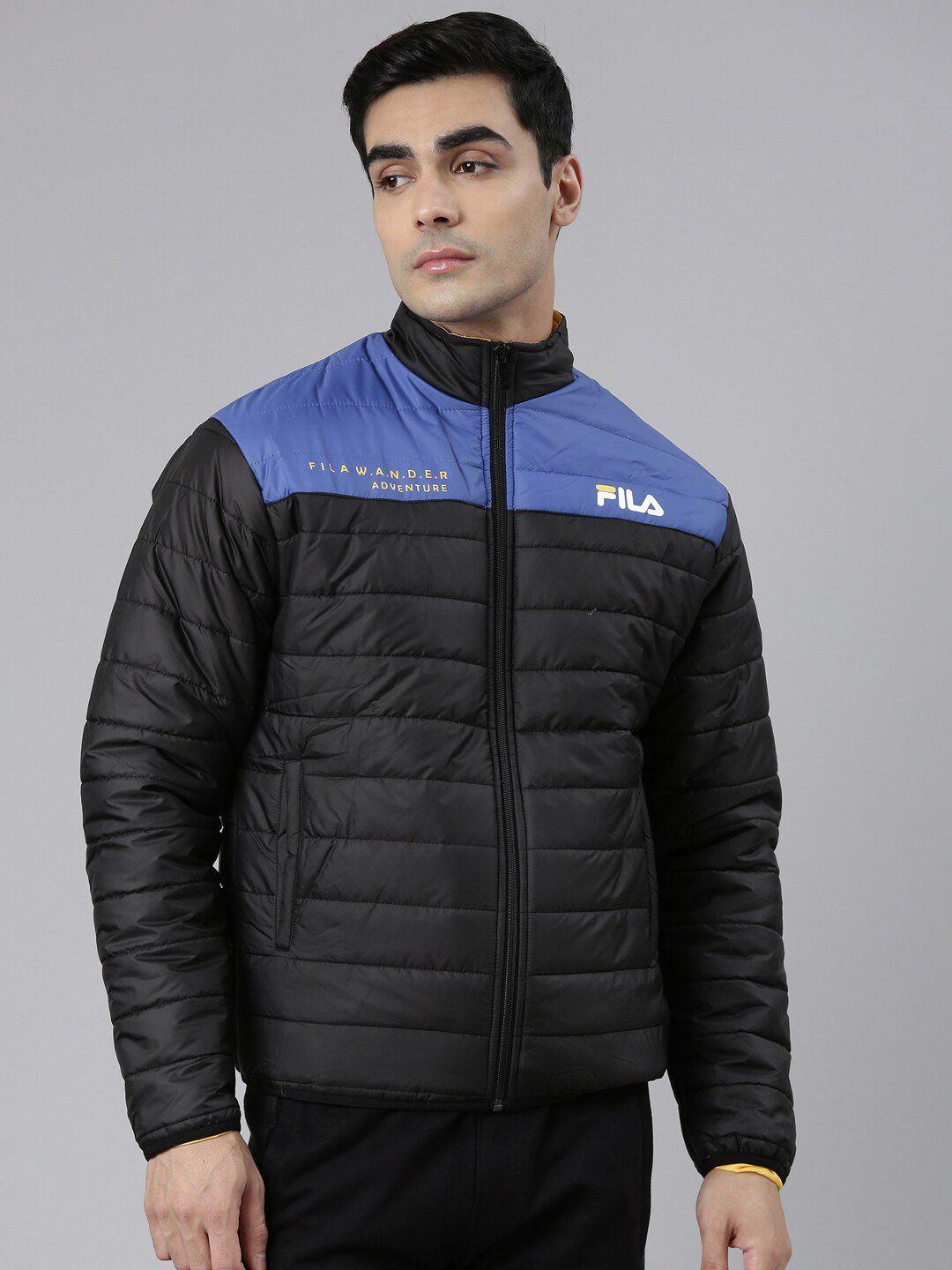 fila men black blue colourblocked puffer jacket