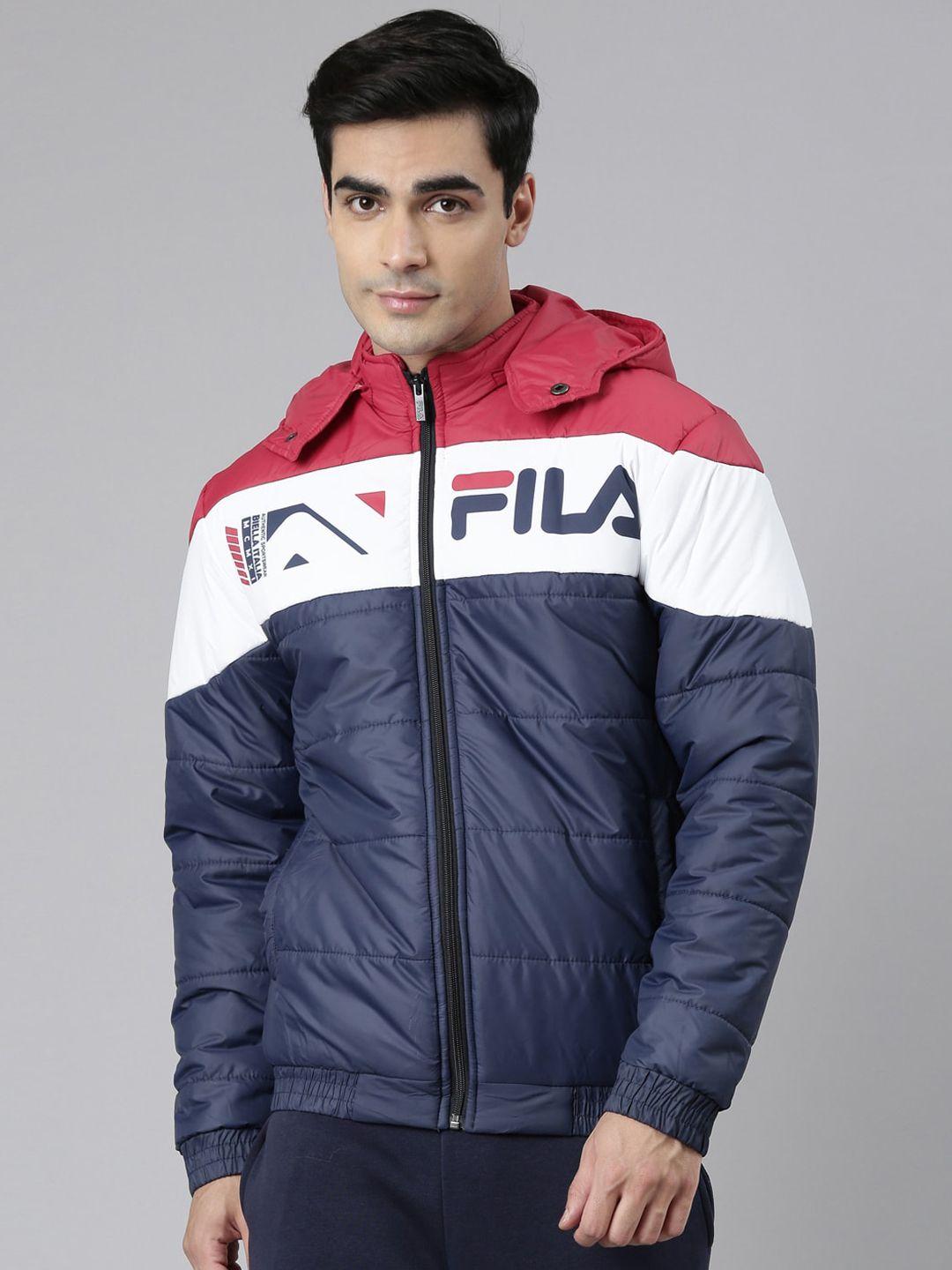 fila men red white colourblocked puffer jacket