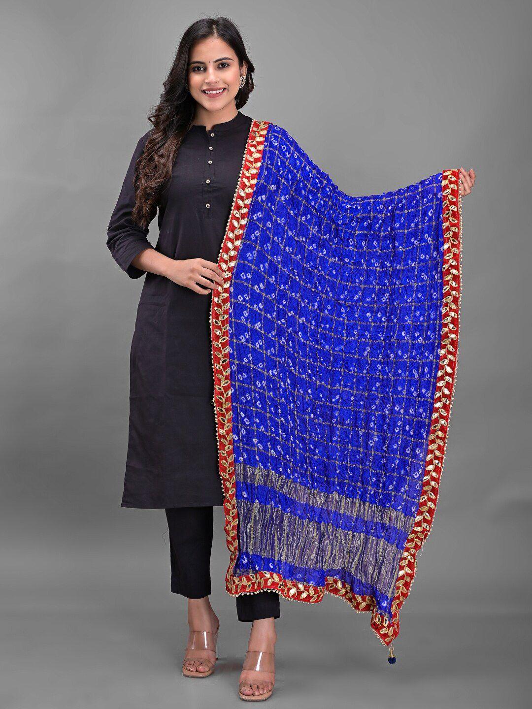 apratim blue & red dyed art silk bandhani dupatta with gotta patti