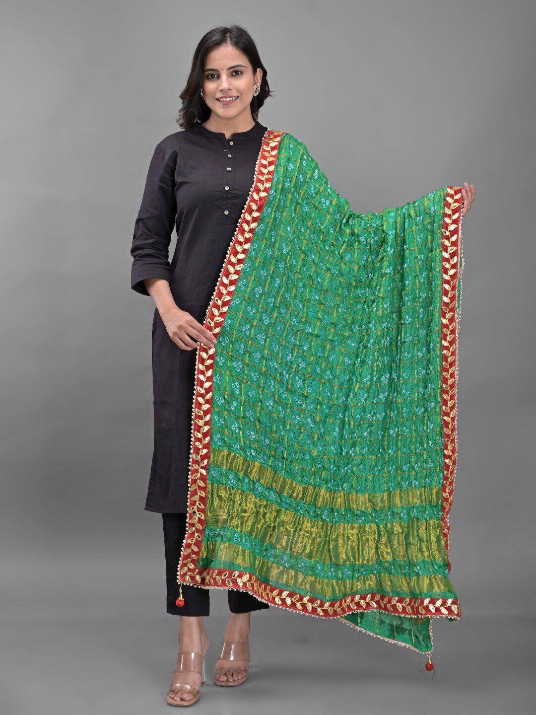 apratim green & red printed art silk bandhani dupatta with gotta patti